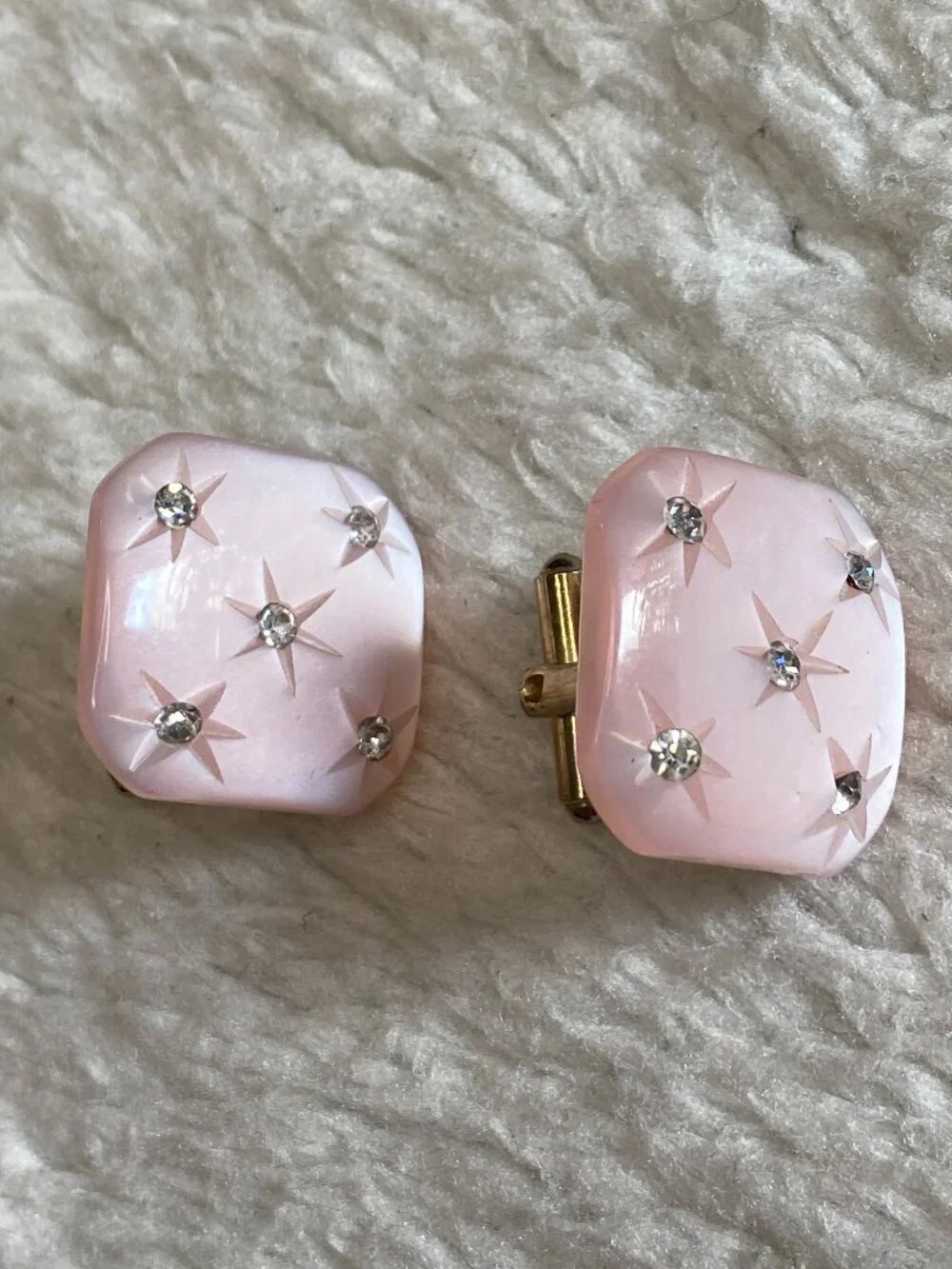Vintage Pink Frosted Lucite Rhinestone Starburst Cufflinks